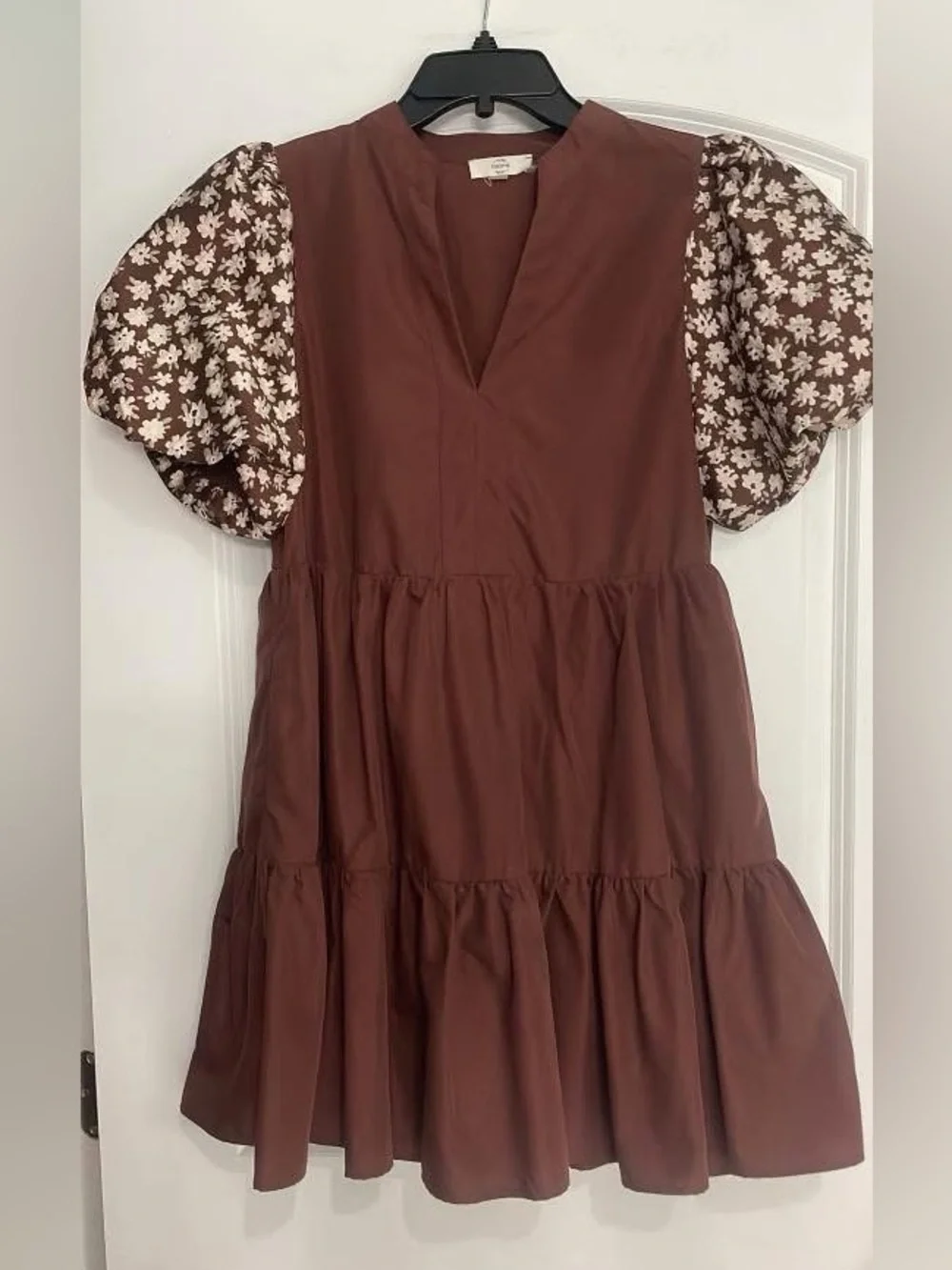 entro Brown Mini Dress with Floral Puff Sleeves - Picture 1 of 1